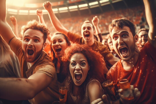 A vibrant audience at a football match, united in their enthusiasm and cheering fervently as the game unfolds. Generative AI illustration.