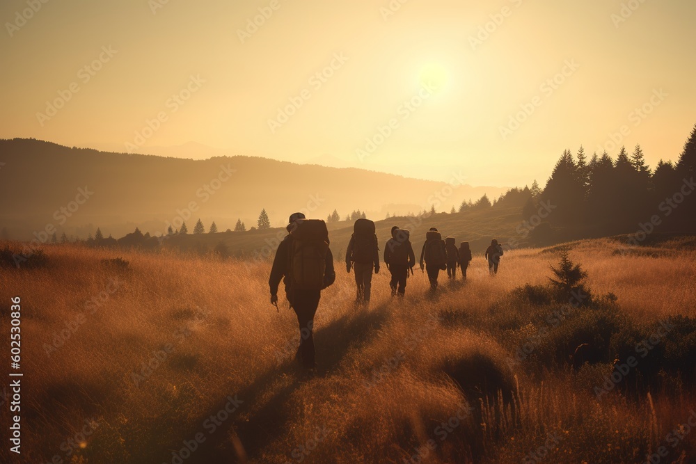 Poster a group of people strolling in a field as the sun is setting generative ai