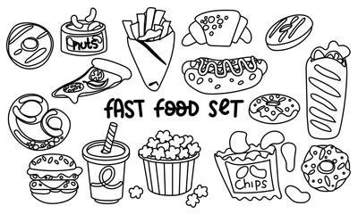 A set of fast food products highlighted on a white background in a contour style. Cartoon fast food, unhealthy burger sandwich, hamburger, pizza, snacks from the restaurant menu. Vector illustration