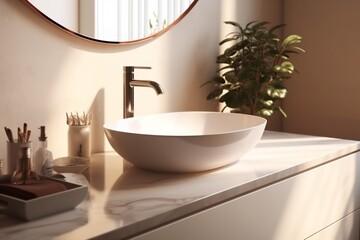 Obraz na płótnie Canvas white faucet luxury interior design bathroom sunlight modern counter house sink. Generative AI.