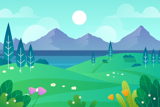 spring with mountain and lake scene landscape background