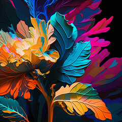 Vibrant art background. Digital generated wallpaper design with flowers. Colorful bright floral Illustration.