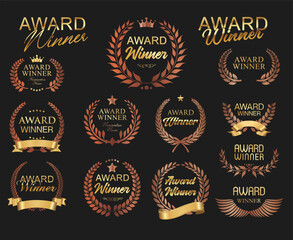 Obraz premium Award Winner emblem collection of gold laurel wreath on black background 