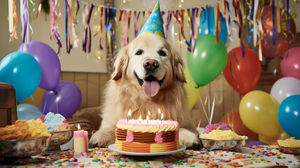 heartwarming and realistic image capturing the essence of a dog's birthday celebration. The image will showcase the joy, excitement, and festive atmosphere of the occasion