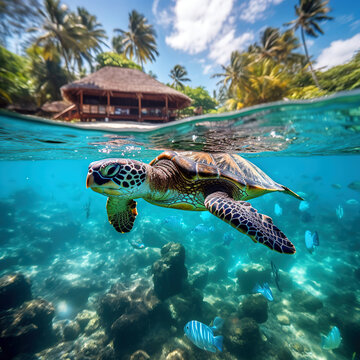Sea turtle swimming under the sea ocean, Beautiful colorful sea turtle in wild nature of the Pacific Ocean.