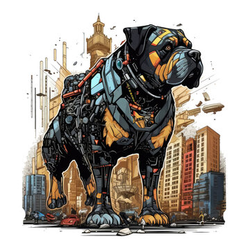 A playful t-shirt design with an Architect Rottweiler Dog depicted as a giant robot, towering over a city skyline, with buildings and cars scattered around its feet, Generative Ai