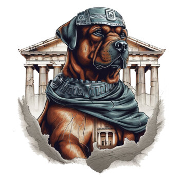A vintage t-shirt design with an Architect Rottweiler Dog depicted as a heroic figure, wearing a Roman-style helmet and draped in a flowing toga, Generative Ai