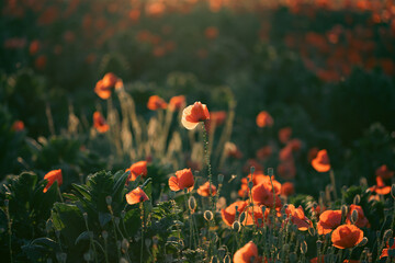 Obraz premium Beautiful field of red poppies in the sunset light.