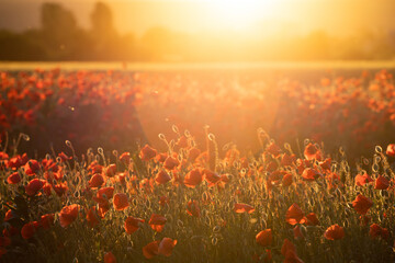 Beautiful field of red poppies in the sunset light. - obrazy, fototapety, plakaty