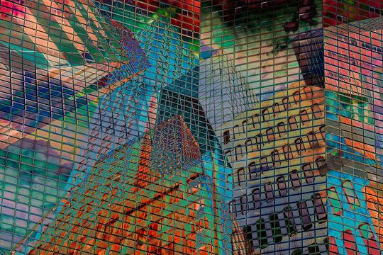 Abstract colorful cityscape composition of modern business buildings from New York.