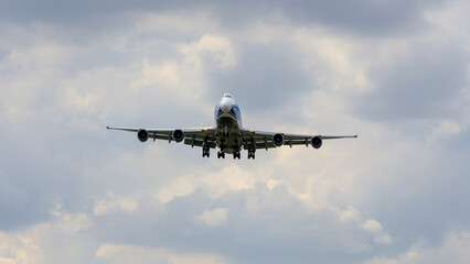 747-400 ERF landing at EMA on runway 27 - stock photo
