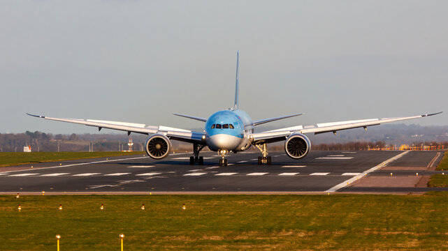 Just landed G-TUIF taxxing off  runway 09 at EMA UK- stock photo