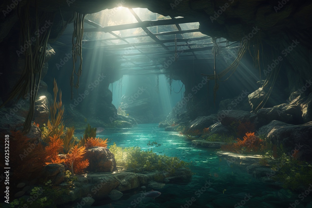Poster a depiction of a river going beneath a bridge in a flowing form generative ai