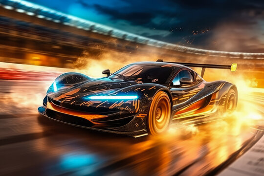 Car drifting on race track , Sport Car Raceing burning tires on speed track , Generative Ai Technology