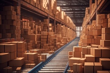 Cardboard boxes ride on the delivery conveyor, parcels, Generative AI