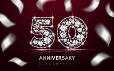 Banner 50 fifty years anniversary of diamond jewelry numbers with serpentine. 3d realistic illustration. Vector.