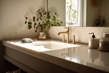 Fototapeta na wymiar bathroom counter sink faucet shower modern design sunlight interior luxury house. Generative AI.