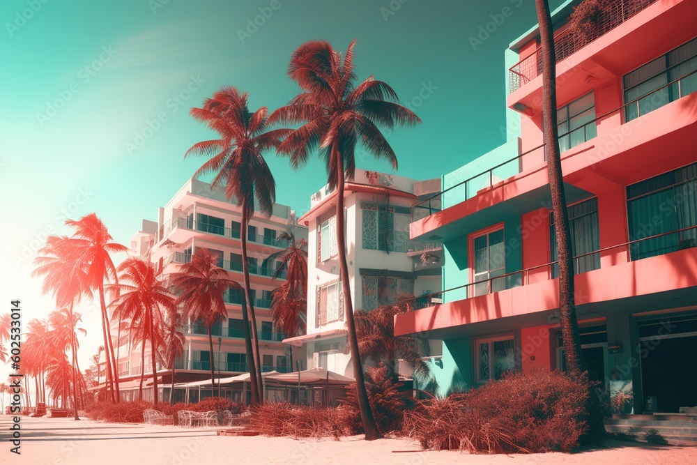 Poster a building painted red and white that is encircled by palm trees generative ai