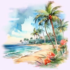 Obraz na płótnie Canvas Wonderful tropical beach with palm tree. A beach scene with sea waves, some flowers and palm tree in background