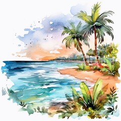 Fototapeta na wymiar Wonderful tropical beach with palm tree. A beach scene with sea waves, some flowers and palm tree in background