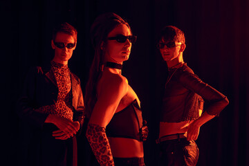 Group of fashionable homosexual community in sunglasses and party outfits posing together while...
