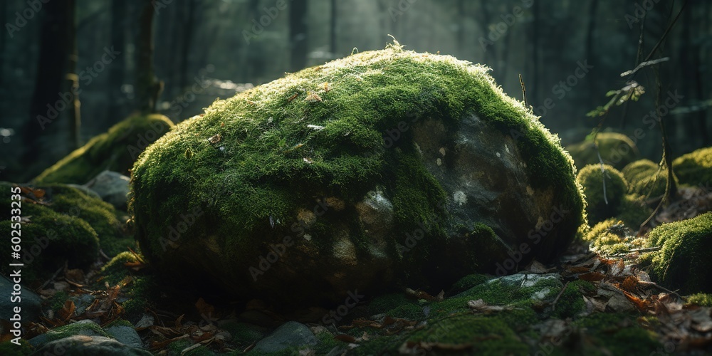 Poster a moss-covered boulder situated smack dab in the center of the forest generative ai