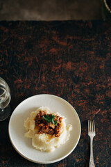 Tasty mashed potato with beef stroganoff hot dishes in lifestyle rustic style beautiful food image