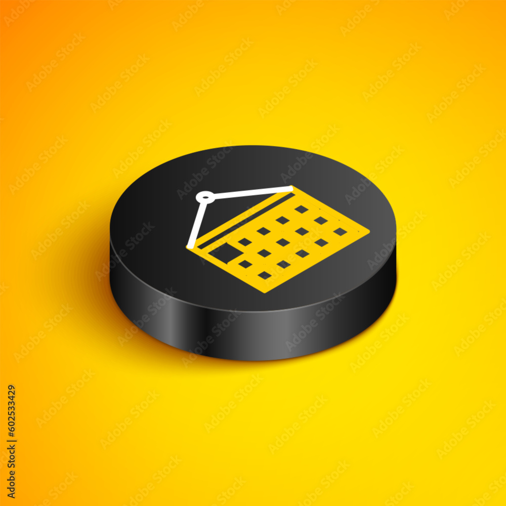 Poster isometric line calendar icon isolated on yellow background. event reminder symbol. black circle butt