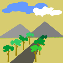 Illustration of a road to the mountains. Simple design.