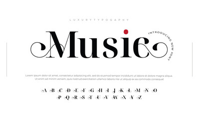 MUSIC elegant, Unique Font Uppercase Lowercase and Number. Classic Lettering Minimal Fashion Designs. Typography modern serif fonts regular decorative vintage concept. vector illustration