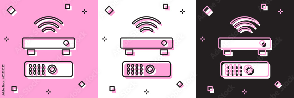 Poster set wireless multimedia and tv box receiver and player with remote controller icon isolated on pink 