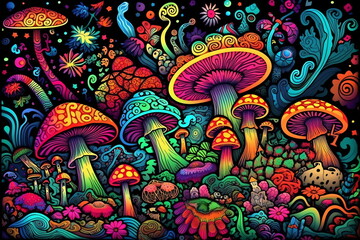 Fototapeta na wymiar Psychedelic hippie mushrooms in retro style