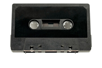 Obraz premium Old black audio cassette without inscriptions on a white background.