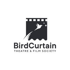 Unique logo combination of curtains, film rolls and birds. It is suitable for use as logos for film production companies.