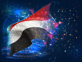 Yemen,  vector flag, virtual abstract 3D object from triangular polygons on a blue background