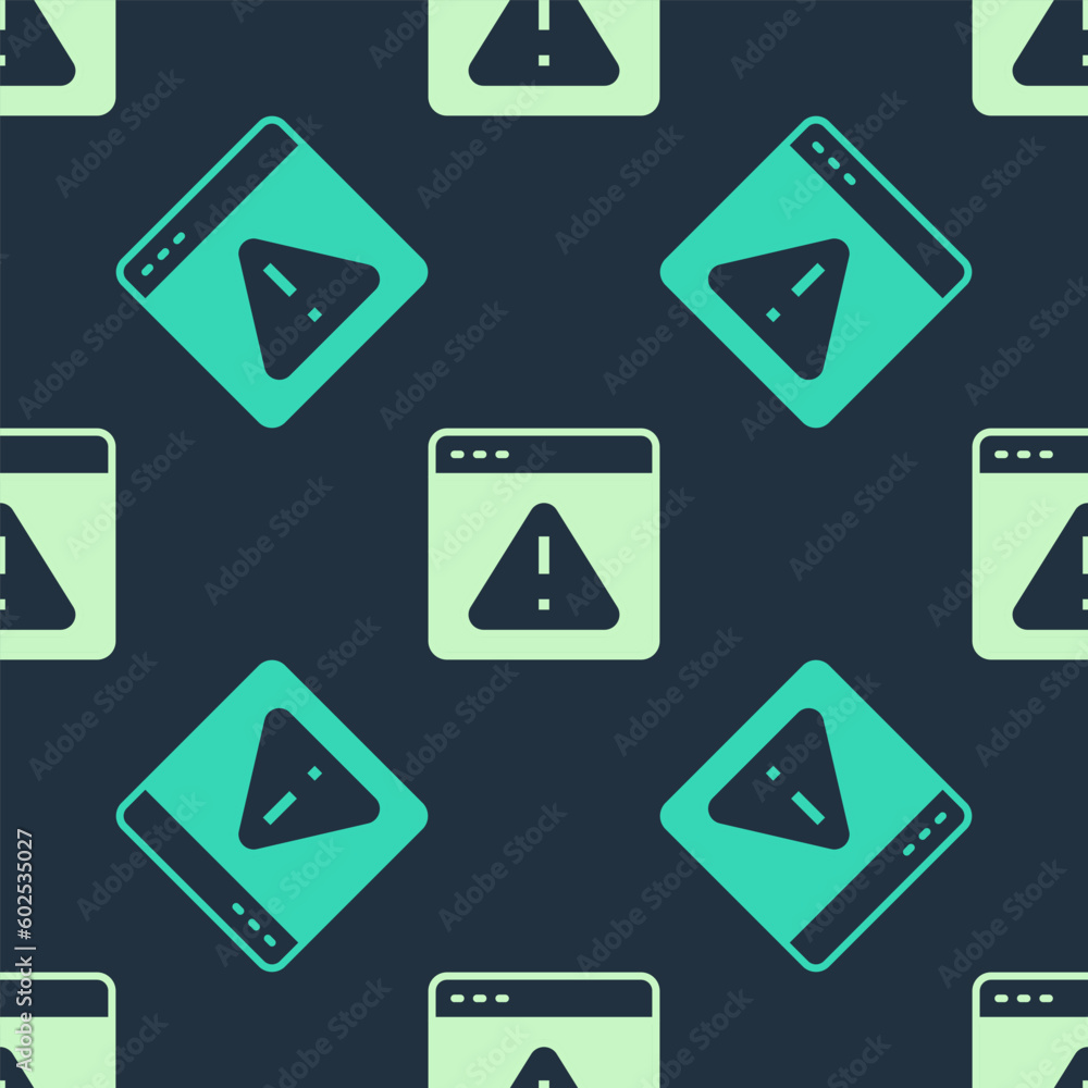 Poster green and beige browser with exclamation mark icon isolated seamless pattern on blue background. ale