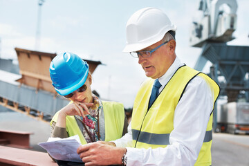 Logistics, teamwork or business people with checklist for cargo planning, collaboration or working...