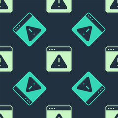 Green and beige Browser with exclamation mark icon isolated seamless pattern on blue background. Alert message smartphone notification. Vector