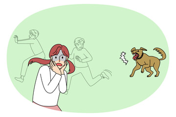 Scared children run away from barking dog