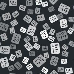 Grey Music equalizer icon isolated seamless pattern on black background. Sound wave. Audio digital equalizer technology, console panel, pulse musical. Vector