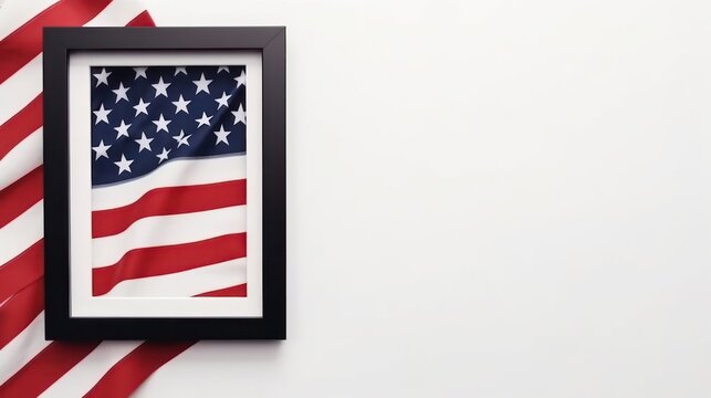 photo frame and American flag on a light background. Memorial Day. Generative AI 