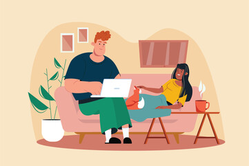 People spend weekend at home yellow concept with people scene in the flat cartoon style. A young couple decided to stay at home for the weekend and relax together. Vector illustration.