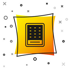 Black Lottery ticket icon isolated on white background. Bingo, lotto, cash prizes. Financial success, prosperity, victory, winnings luck. Yellow square button. Vector