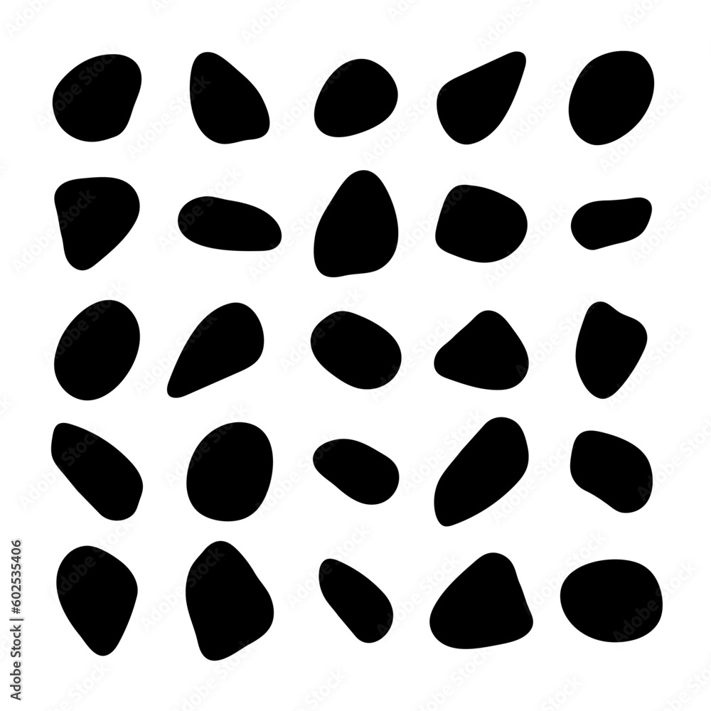 Poster black ink blot rounded shapes set. liquid irregular random drop elements isolated on a white backgro