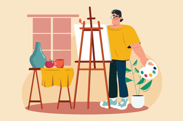 Favorite hobby yellow concept with people scene in the flat cartoon design. The boy paints a still life in his free time. Vector illustration.