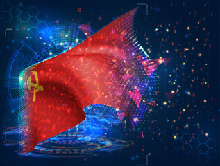 USSR,  vector flag, virtual abstract 3D object from triangular polygons on a blue background