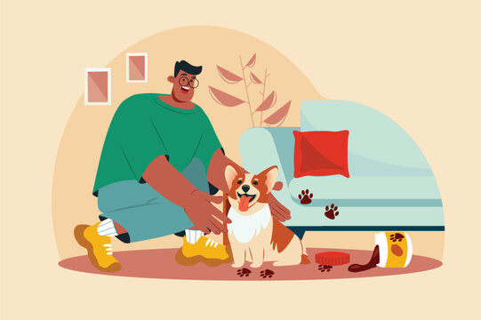 Funny situation in life pets yellow concept with people scene in the flat cartoon style. The puppy left its paw prints on the owner's sofa. Vector illustration.