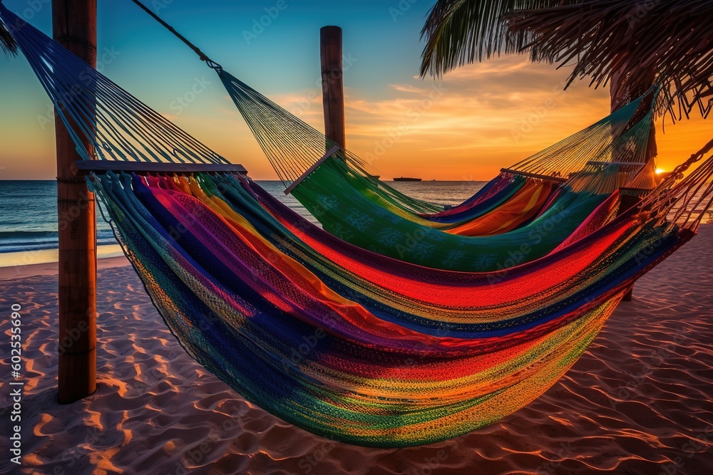 Poster a hammock laid up on the beach with the sunset serving as a backdrop generative ai