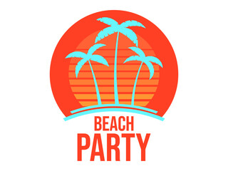 Fototapeta na wymiar Beach party banner with palm trees and sunset isolated on white background. Summer tropical sunset with sun palm trees in 90s style. Design for printing t-shirt and banner. Vector illustration