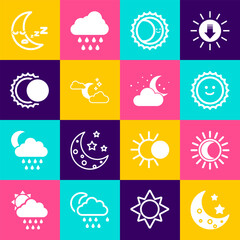 Set Moon and stars, Eclipse of the sun, Sun, Cloud with moon, icon and icon. Vector